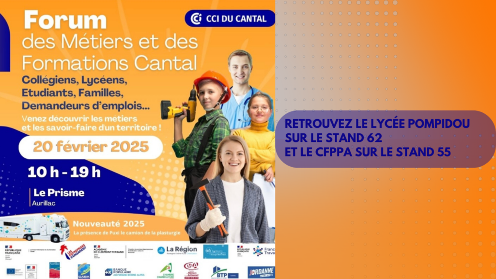 Le lycée agricole G. Pompidou et le CFPPA-OFA participent au Forum des métiers.
Retrouvez-nous sur les stands 62 et 55 de 10H00 à 19H00.
Venez découvrir nos formations post brevet et post bac.
BAC G, Pro ou Techno, BTS ou encore certificats de spécialisation par voie scolaire, apprentissage et formation pour adulte.